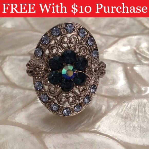 Silver Tone Faux Sapphire Blue Rhinestone Adjustable Ring NEW RED BANNER - Picture 1 of 5